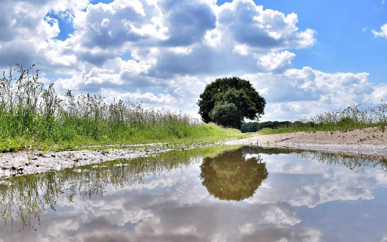 Wetterdreiteilung mit Wolken, Schauern und Sonne