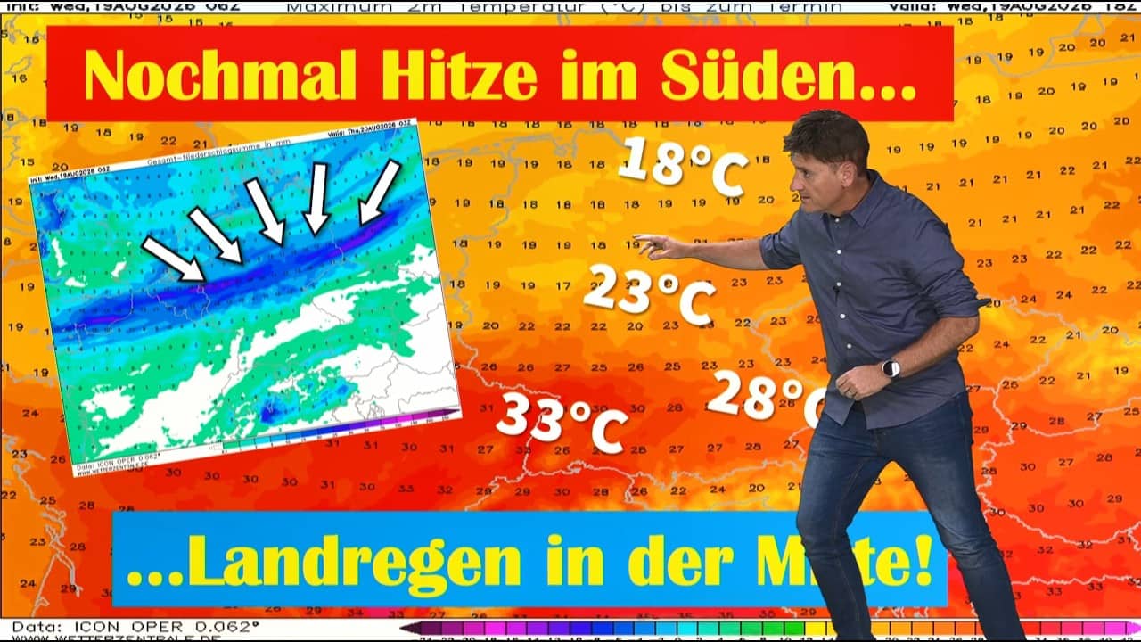 Wetter-Hammer heute: 33 Grad Hitze im Süden trifft Luftmassengrenze bis zu 30 mm Regen möglich!